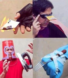 four different pictures with one man holding an object and the other wearing gloves