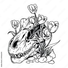 an animal skull with tulips and flowers in it's mouth coloring page