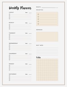 a printable weekly planner is shown with the words, week and month on it