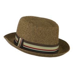 Kid's Pork Pie Stripe B, FedoraMade of 100% paper straw.One size fits most with adjustable elastic tie string, fitting up to 56cm (7 1/8).Youth/Boys.Fitted with an inner hat band.Crown measures 4 inches deep.Brim measures 2 inches wide.Hand wash only.Imported. Solid in color, pork pie paper braid fedora for little boys.Crown of hat is featured with a multi colored striped hat band.Round pork pie crown.Brim is slightly upturned.Our cute pork pie fedora hat is perfect for dressing up your little b Brown Woven Hat Bands For Spring, Fitted Brown Boater Hat For Beach, Fitted Brown Sun Hat For Vacation, Adjustable Woven Boater Hat With Short Brim, Adjustable Brown Hat Bands For Summer, Fitted Brown Hat For Summer, Adjustable Woven Fedora For Spring, Summer Adjustable Brown Boater Hat, Brown Paper Straw Fedora For Spring