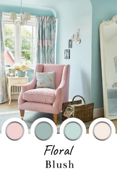 a living room with blue walls and pink furniture in the center, along with several different color combinations