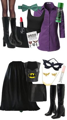 an assortment of costume and accessories including boots, gloves, lipstick, eyeglasses