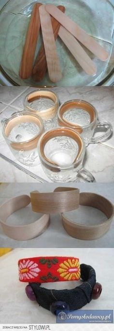 the process of making wooden bracelets is shown in three different stages, including glue and wood strips