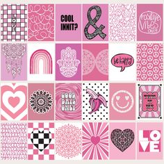 a collage of pink and white images with hearts, words, and other things