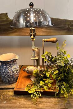 a table lamp sitting on top of a wooden shelf next to a potted plant