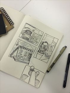 an open notebook with some drawings on it