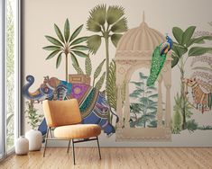 an elephant and peacock mural in a living room