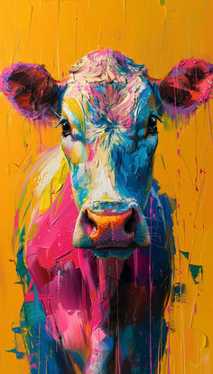 a painting of a cow with colorful paint splattered on it's face