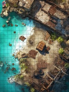 an aerial view of a beach with several wooden structures and blue water in the background