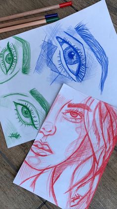 three different colored pencil drawings on paper