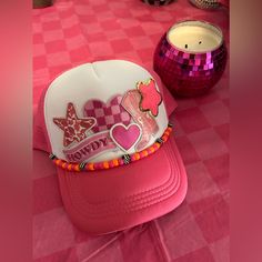 Handmade By Me! In Brand New Condition. Adorable Pink Trucker Hat With Curved Brim For Festivals, Casual Pink Summer Mini Hats, Adjustable Pink Bucket Hat, Pink Adjustable Mini Hat With Curved Brim, Fun Pink Bucket Hat, Adjustable Pink Trucker Hat, Adjustable Pink Mini Hat With Curved Brim, Playful Pink Trucker Hat One Size, Fun Pink Trucker Hat