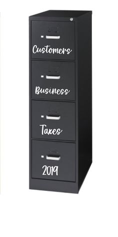 three drawers with the words business and tax written on them, both in white letters