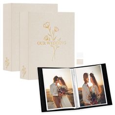 the wedding album is open to show two photos