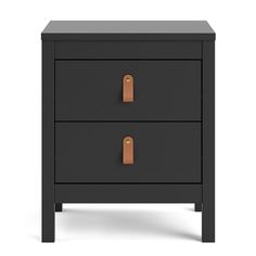 a black nightstand with two drawers and leather handles on the bottom, against a white background