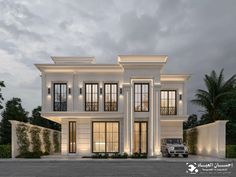 this is an artist's rendering of a two story house in the evening time