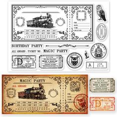 an old fashioned birthday party ticket with stamps and stickers on the front, along with other items