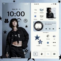 a person standing next to a wall with stars on it and an app showing the time