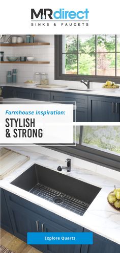 a kitchen with blue cabinets and white counter tops, the words farmhouse inspiration stylish & strong