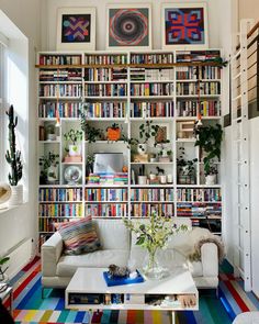 a living room filled with furniture and lots of books on the shelves in front of it