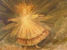 a painting of a woman with her arms outstretched in front of the sun shining down on her