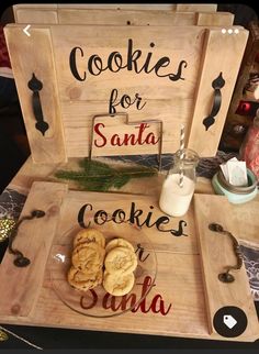 cookies for santa and cookies for santa are displayed on wooden trays with christmas decorations