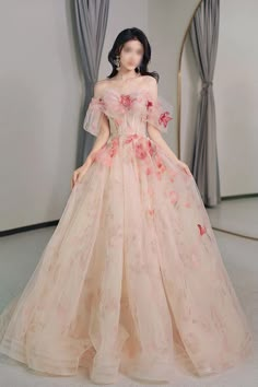 Prom Dress With Flowers, Rosy Dress, Off The Shoulder Prom Dress, Fairy Prom Dress, Floral Evening Dresses, Prom Dresses Elegant, Dress With Flowers, Long Formal Gowns, Off Shoulder Gown