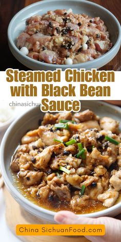 chicken with black bean sauce in a white bowl