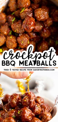 crockpot bbq meatballs recipe in a white bowl with text overlay