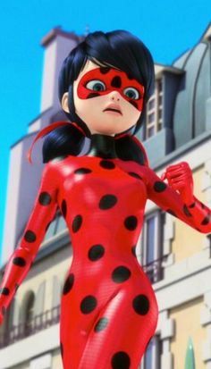 the animated ladybug is standing in front of a building with her hands on her hips