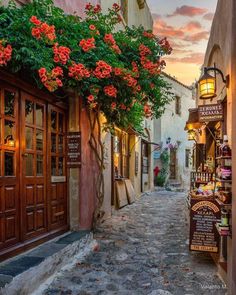 an alley way with flowers growing over the doors and windows on either side of it