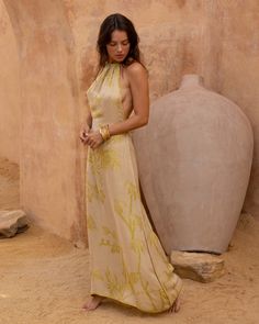 With an elegant cut and delicate detailing, the Ancient Light Halter Dress envelops you in softness and style. Made with sustainable with yarns from EcoVero. Hope you will love it as much as we do 💛 Fata Morgana, Maxi Kaftan, Live Shop, Kaftan Maxi Dress, Eco Friendly Design, Short Kimono, Dress Home, Desert Rose, Top Dress