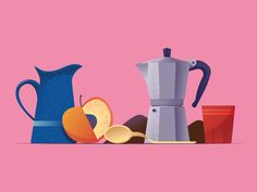 an illustration of coffee and fruit on a pink background with blue pitchers, oranges, and apples