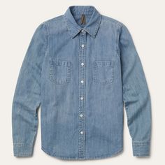 Blue Blue Classic Shirt With Patch Pockets, Classic Blue Shirt With Patch Pockets, Classic Light Wash Relaxed Fit Denim Jacket, Light Indigo Button-up Denim Top, Classic Chambray Button-up Denim Top, Everyday Light Wash Chambray Denim Top, Classic Light Wash Long Sleeve Denim Top, Light Wash Classic Denim Top For Work, Classic Long Sleeve Light Wash Denim Top