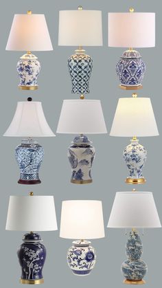 an assortment of blue and white vases with lamps on them in different sizes, shapes and colors