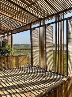 an open room with wooden slats on the floor