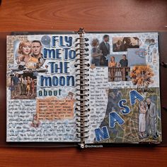 an open notebook with images of people and words on the pages that read, fly me to the moon about nasa