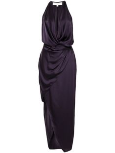 aubergine purple silk halterneck plunging V-neck wrap design sleeveless draped design asymmetric design concealed rear zip fastening Dark Purple Gown, Farfetch Dress, Romantic Soft Summer, Aubergine Dress, Mother Of The Bride Dresses Vintage, Dramatic Ethereal, Eggplant Dress, Ballet Attire, 90s Office