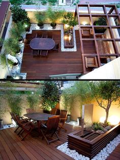 several pictures of an outdoor living area with wooden decking and seating areas, including a patio