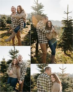 a man and woman hugging each other in front of christmas trees at the park, surrounded by pine trees