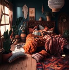 a bedroom with blue walls, wooden floors and lots of pillows on the bed in front of an open window