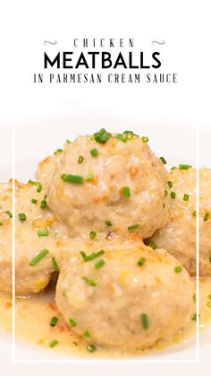 chicken meatballs in parmesan cream sauce on a white plate with green onions