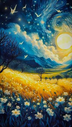 a painting of a field with trees and birds flying in the night sky above it