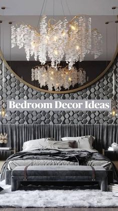 a bedroom decorated in black and white with the words bedroom decor ideas on top of it