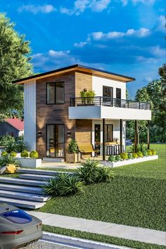 2storey House Design With Floor Plan, Tiny House Modern Exterior, 2 Stories Modern House Design, Tiny House With Balcony 2 Story, Tiny House Contemporary, Small Cozy Modern House, Small Modern House Exterior Two Story, Modern Tiny House Exterior Ideas, Loft House With Balcony