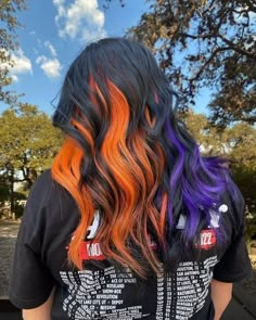 Short Halloween Hair Color, Fall Colorful Hair Ideas, Spooky Season Hair Color, Colored Fall Hair, Hair Color Vivid, Fall Fun Hair Color, Multi Color Fall Hair, Fall Fashion Hair Color, Black Hair With Orange Streaks