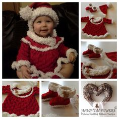 a collage of photos showing baby's outfit and hat made from crochet