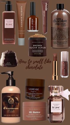 Beauty Essentials Aesthetic, Chocolate Scented Products, Chocolate Smelling Products, Body Care Products Aesthetic, Shower Products Aesthetic, Smell Combos, Chocolate Perfume