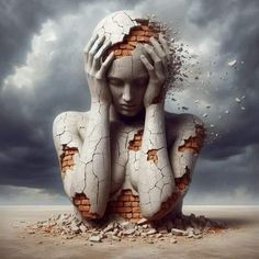 a woman with her hands on her head in the middle of a cracked brick wall