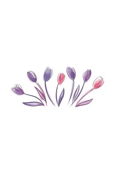 a bunch of flowers that are in the middle of a white background with pink and purple tulips