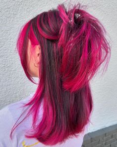 Hot Pink Hair With Light Pink Highlights, Hot Pink Streaks In Brown Hair, Pink Highlights In Red Hair, Short Hair With Pink Highlights, Pink Calico Hair, Purple Hair With Pink Highlights, Hot Pink Highlights In Brown Hair, Hot Pink Peekaboo Hair, Pink Skunk Hair